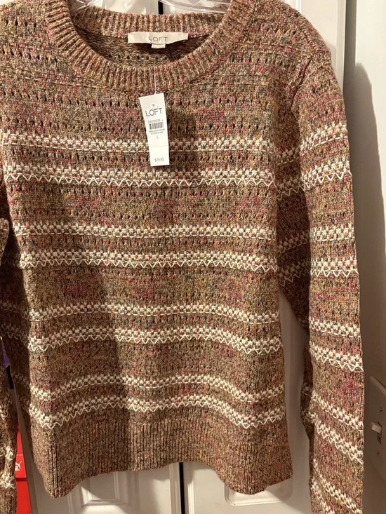 LOFT Brown Multi-Tone Crewneck Sweater with Subtle Accent Hues - Picture 2 of 2